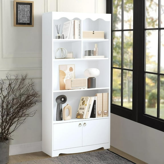 63 Inch Wood Bookcase With 2 Cabinets, Shelves, 5-Tier Book Shelf Storage Organizer, Modern Freestanding Display Shelf Unit for Bedroom, Living Room, Office