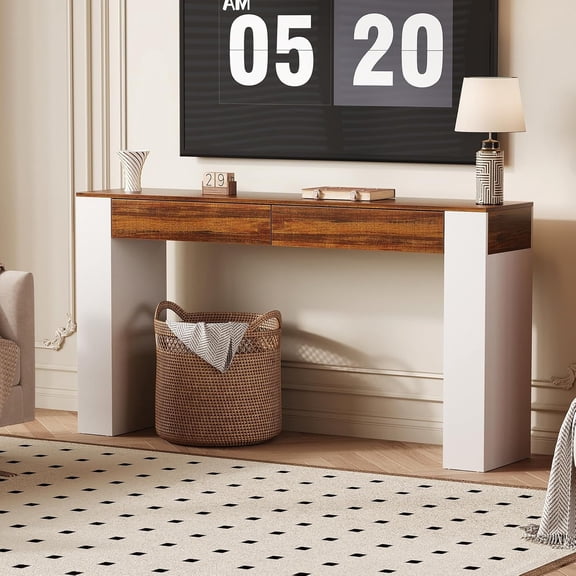 63 Inch Wood Entryway Table - 2 Drawers Slim Console Table Hallway Living Room Brown White