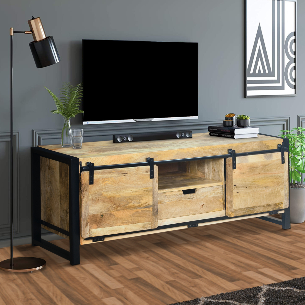 63 Inch Wooden Industrial TV with Barn Style Sliding Doors