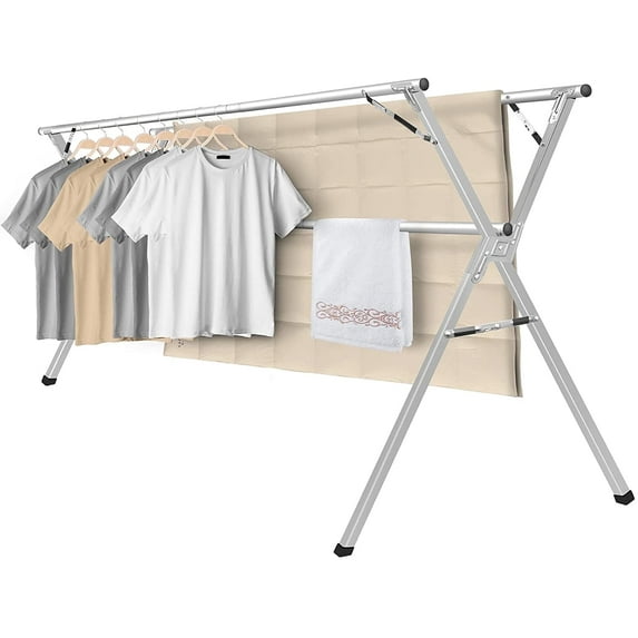63 Inches Clothes Drying Rack, Laundry Drying Rack Clothing Foldable & Collapsible Stainless Steel Heavy Duty Clothing Drying Rack with Windproof Hooks for Indoor Outdoor