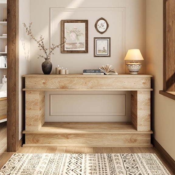 63 Inches Large Console Table, 2-Tier Entryway Table, Narrow Long Sofa Table Behind Couch, Bamboo-like Design, Heavy Duty Base, Farmhouse Wood Accent Decor for Living Room, Hallway, Foyer