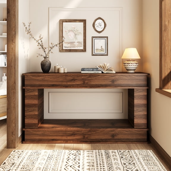 63 Inches Large Console Table, 2-Tier Entryway Table, Narrow Long Sofa Table Behind Couch, Bamboo-like Design, Heavy Duty Base, Farmhouse Wood Accent Decor for Living Room, Hallway, Foyer