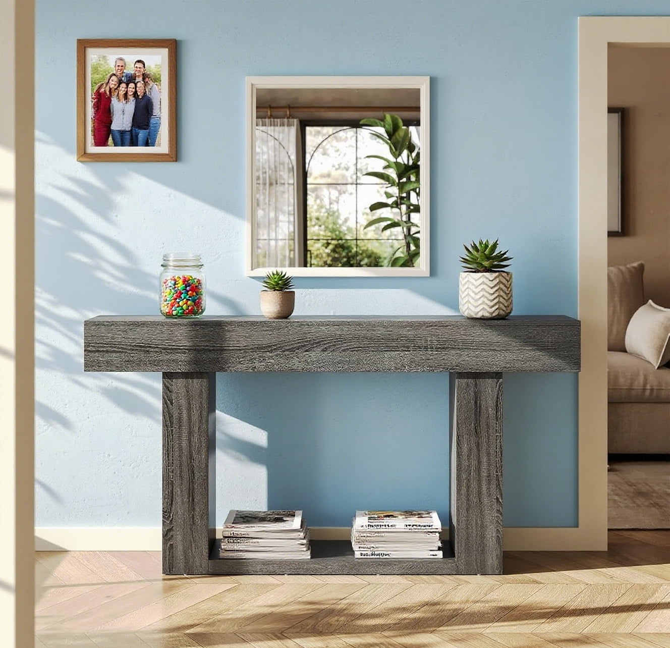 63 Inches Long 2-Tier Farmhouse Console Table, Heavy Duty Sofa Table Behind Couch, Large Narrow Wooden Entryway Table for Living Room, Hallway Foyer (Grey)
