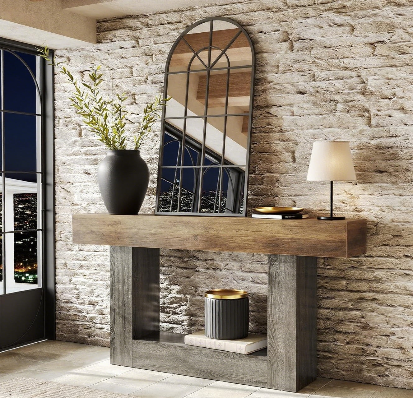 63 Inches Long 2-Tier Farmhouse Console Table, Heavy Duty Sofa Table Behind Couch, Large Narrow Wooden Entryway Table for Living Room, Hallway Foyer (Rustic Brown and Grey)