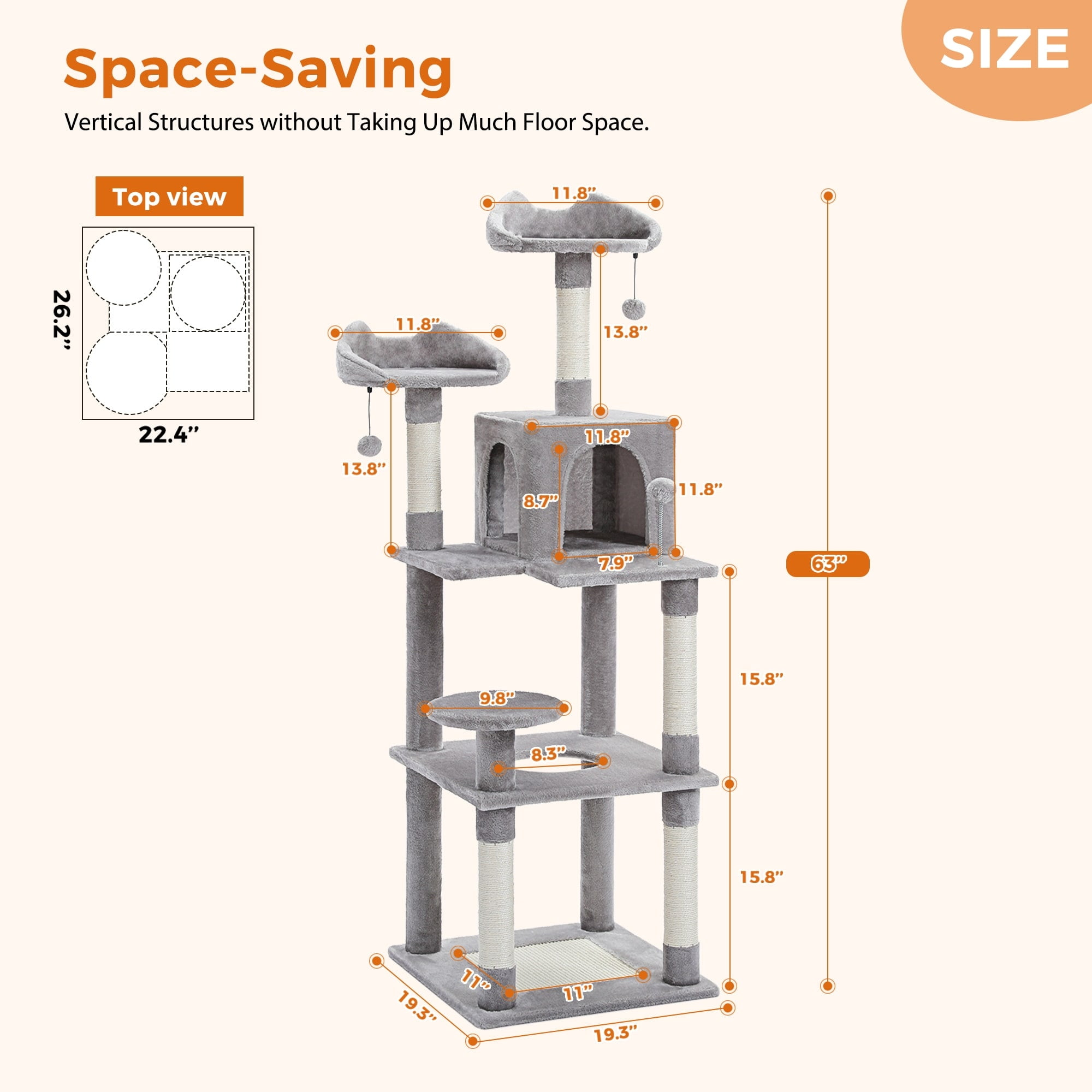 63'' Gray Multi-Level Cat Tree Tower with Sisal Scratching Posts