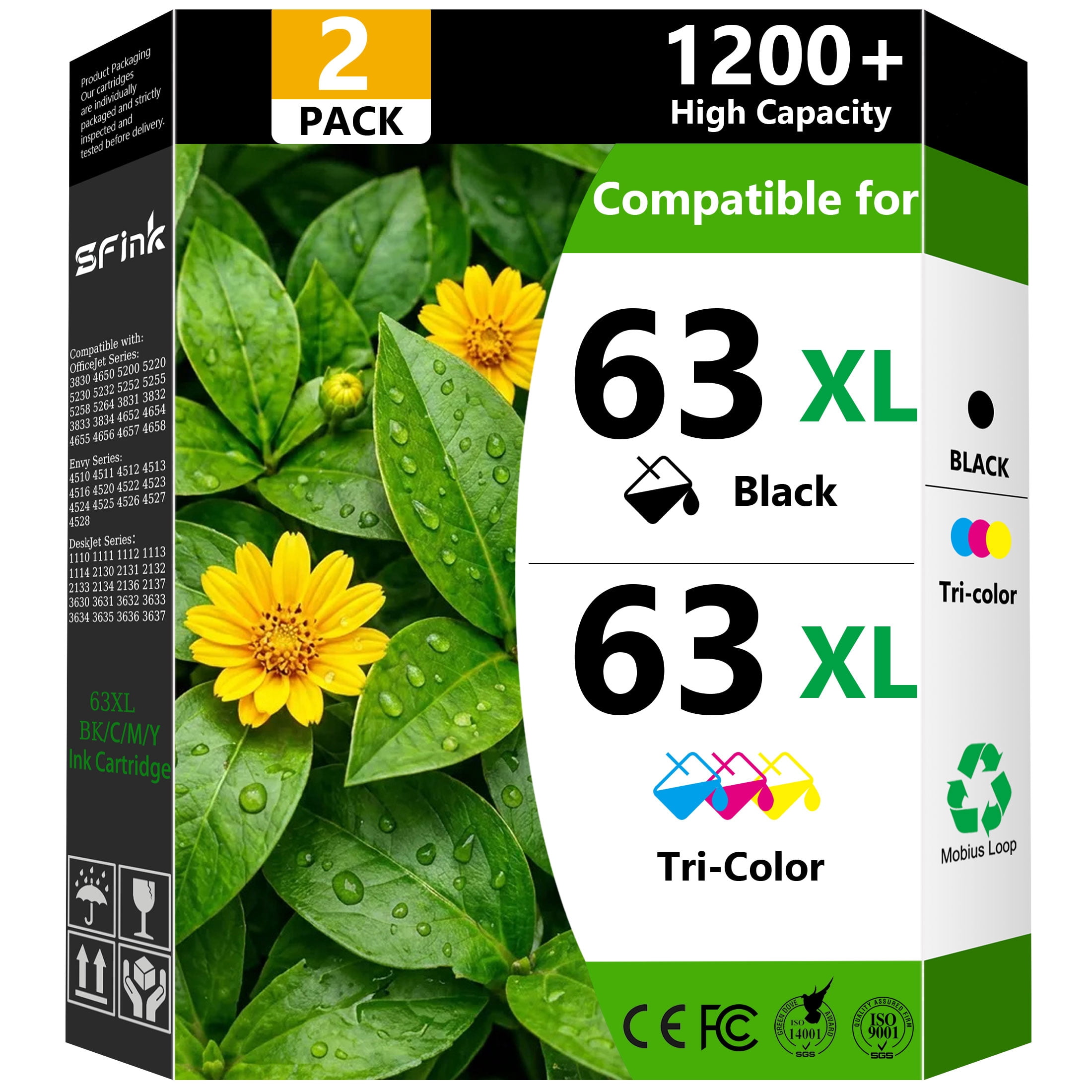 63XL Ink Cartridge Combo Pack Compatible for HP 63 Ink 63XL Ink Cartridges Black/Tri-Color for OfficeJet 3830 3833 4650 4652 4655 5255 5258 Envy 4512 4520 DeskJet 1112 3630 (2 Pack)