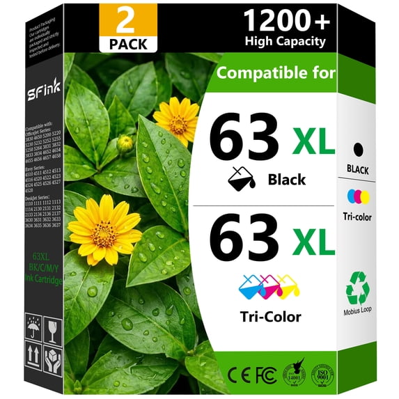 63XL Ink Cartridge Combo Pack Compatible for HP 63 Ink 63XL Ink Cartridges Black/Tri-Color for OfficeJet 3830 3833 4650 4652 4655 5255 5258 Envy 4512 4520 DeskJet 1112 3630 (2 Pack)