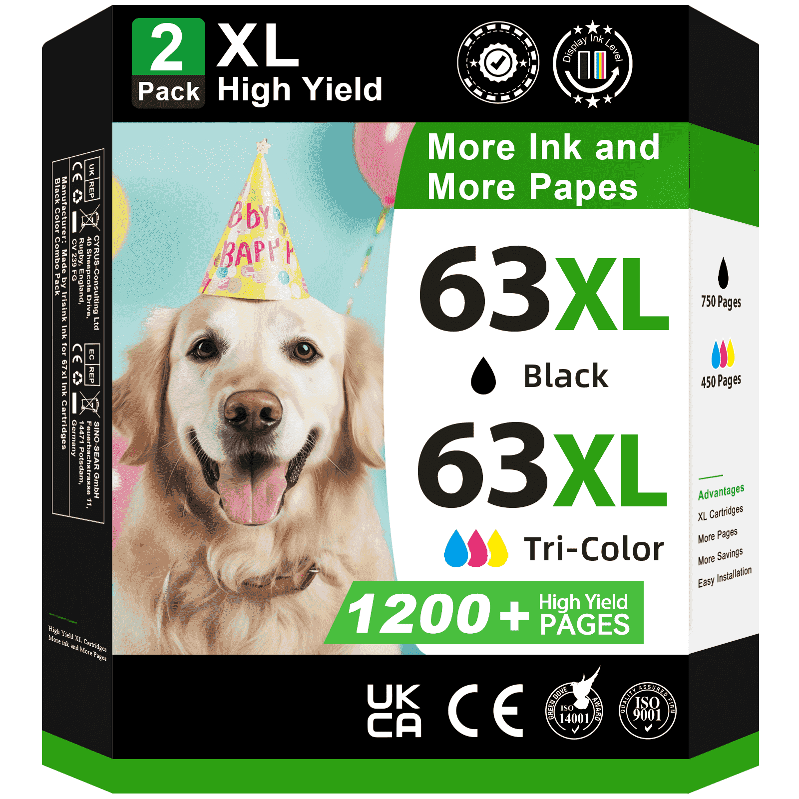 63XL Ink Cartridges Compatible for HP 63 Ink Cartridge for Envy 4520 4512 Officejet 3830 4650 5250 Printer (2-Pack, Black/Tri-color )