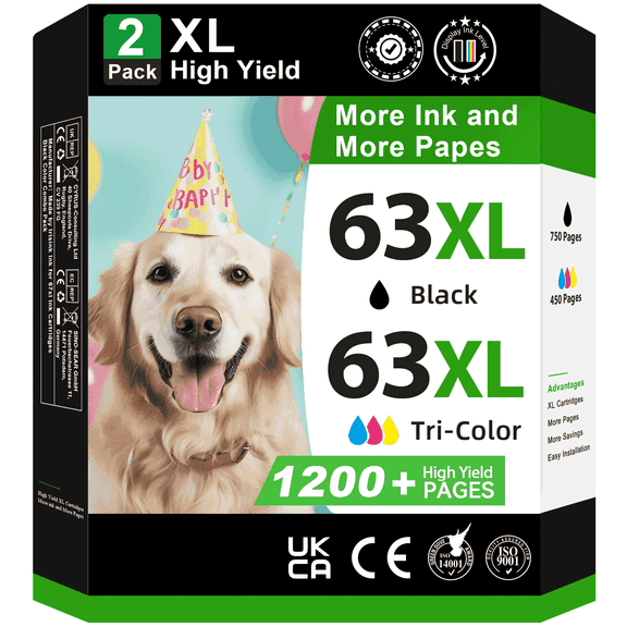 63XL Ink Cartridges Compatible for HP 63 Ink Cartridge for Envy 4520 4512 Officejet 3830 4650 5250 Printer (2-Pack, Black/Tri-color )