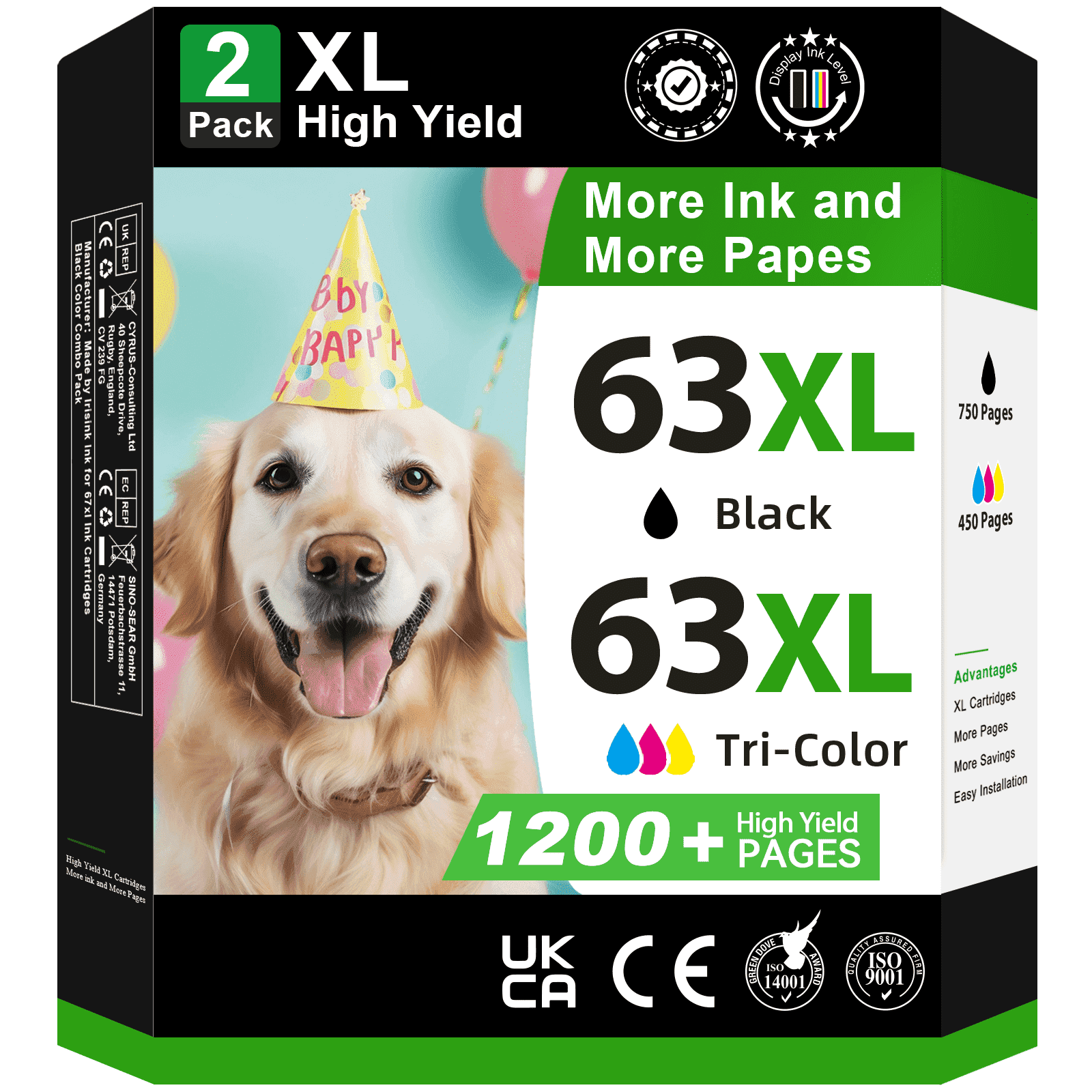 63XL Ink Cartridges Compatible for HP 63 Ink Cartridge for Envy 4520 4512 Officejet 3830 4650 5250 Printer (2-Pack, Black/Tri-color )