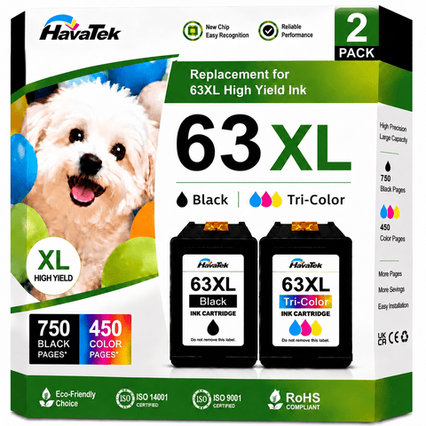 63XL Ink Cartridges Compatible for HP 63 Ink Cartridge for Envy 4520 4512 Officejet 3830 4650 5250 Printer (2-Pack, Black/Tri-color )
