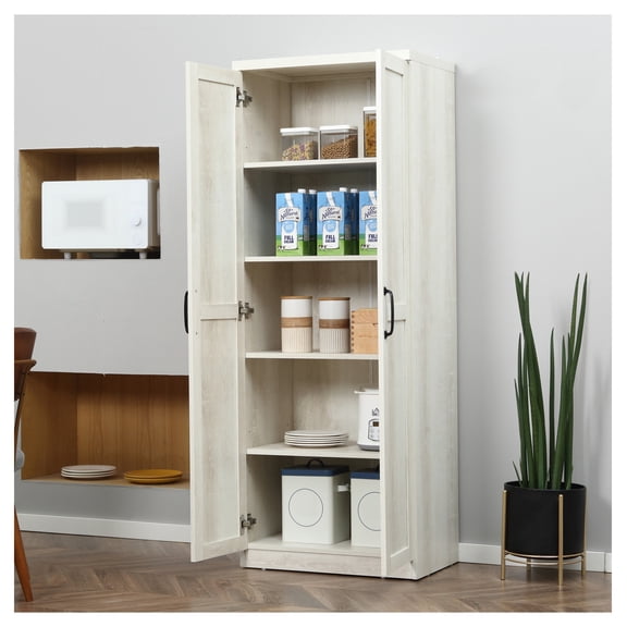 63" Kitchen Pantry Cabinet, Freestanding Storage Organizer with Shelves, 2-Door Dining Room Cabinet, Antique White Wood