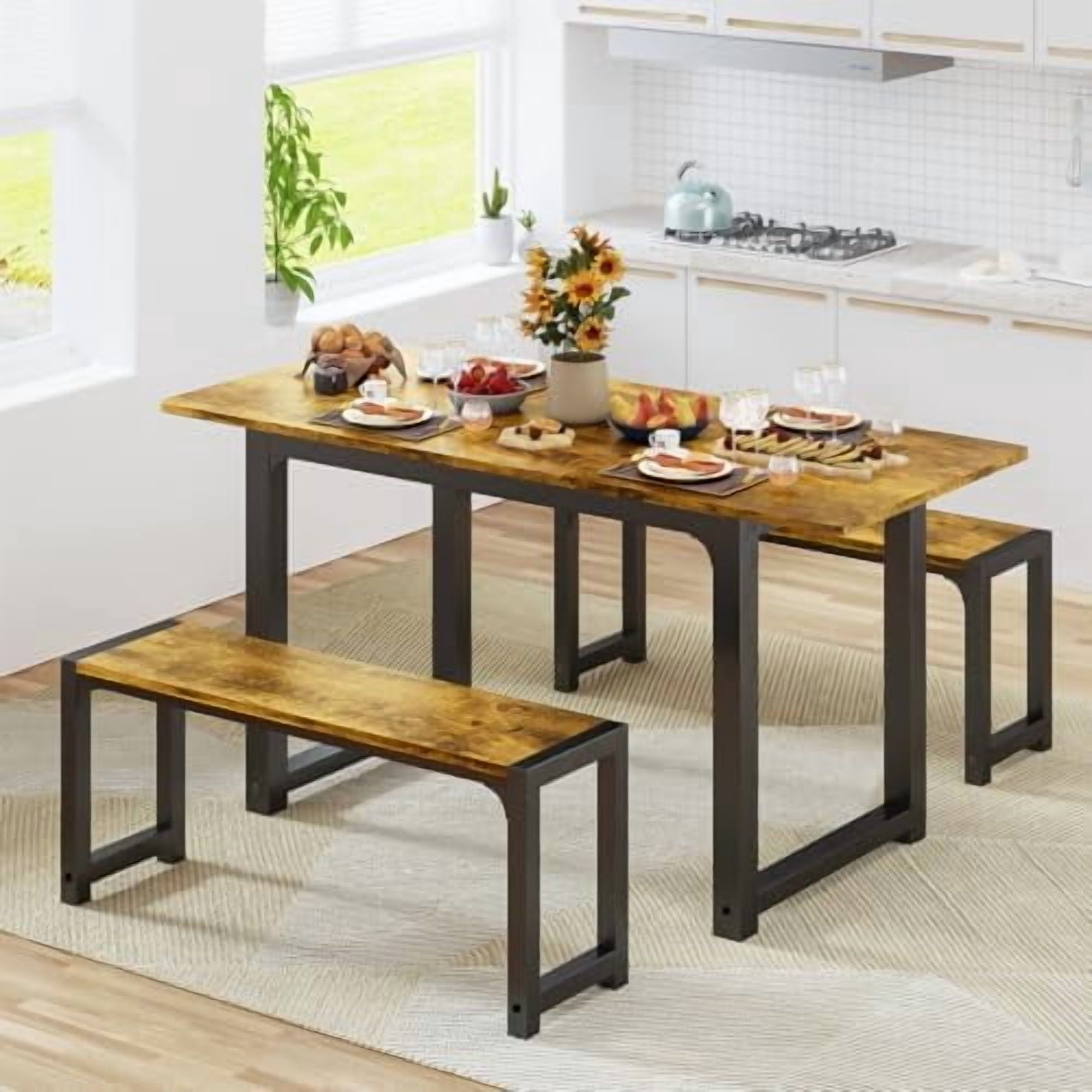 63” Kitchen Table Sets for 4 with 2 Benches Extendable Dining Table Set ...