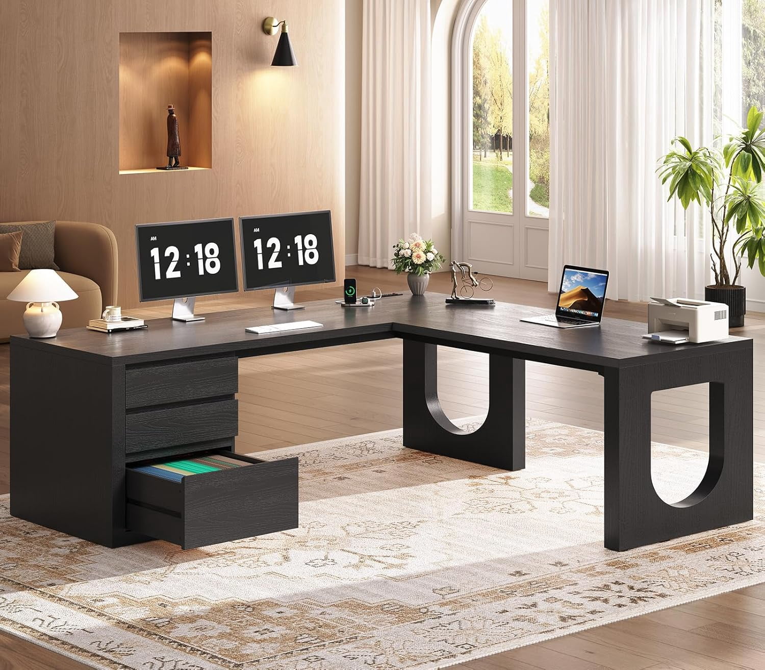 63" L Shaped Computer Desk with 3 Drawers, Modern Wood Corner Office Desk with U-Shaped Legs & Relief Texture, Executive Desk