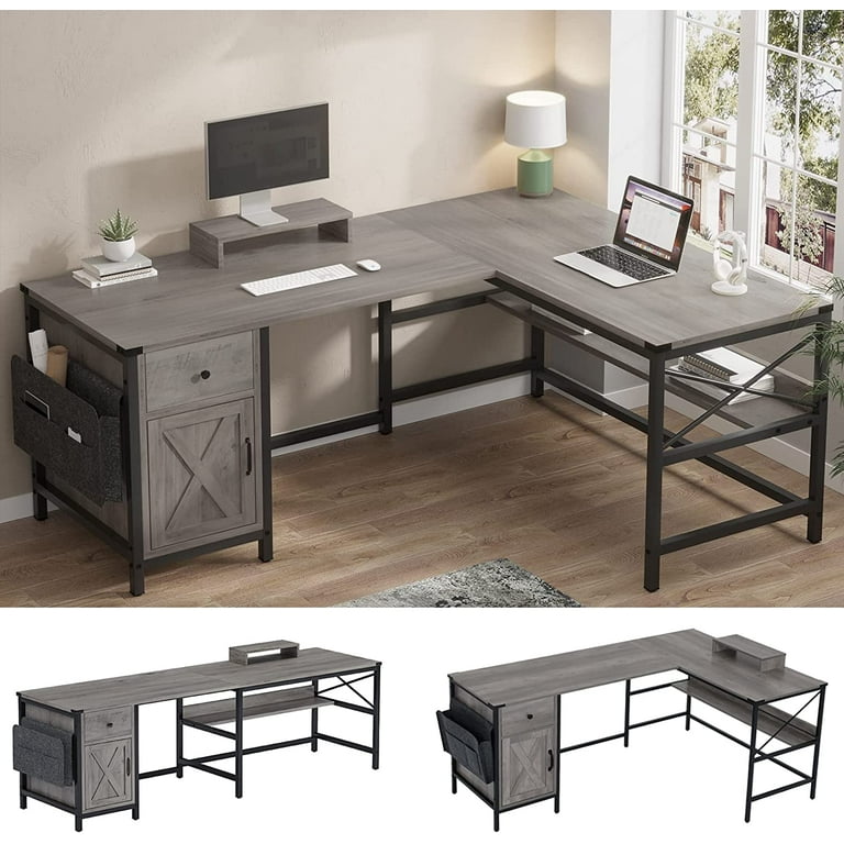 63 L Shaped Desk Convertible Corner Desk Office Computer Desk with Drawer Power Strip Storage Cabinet Bookshelf Monitor Stand Retro Grey