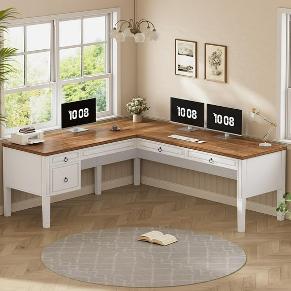 63" L-Shaped Desk with Storage, Farmhouse Executive Desk Ofiice Desk with 4 Drawers, Wooden Computer Desk with Spacious Desktop, Modern Home Office Desk, Large Workstation, Comfortable Legroom, White