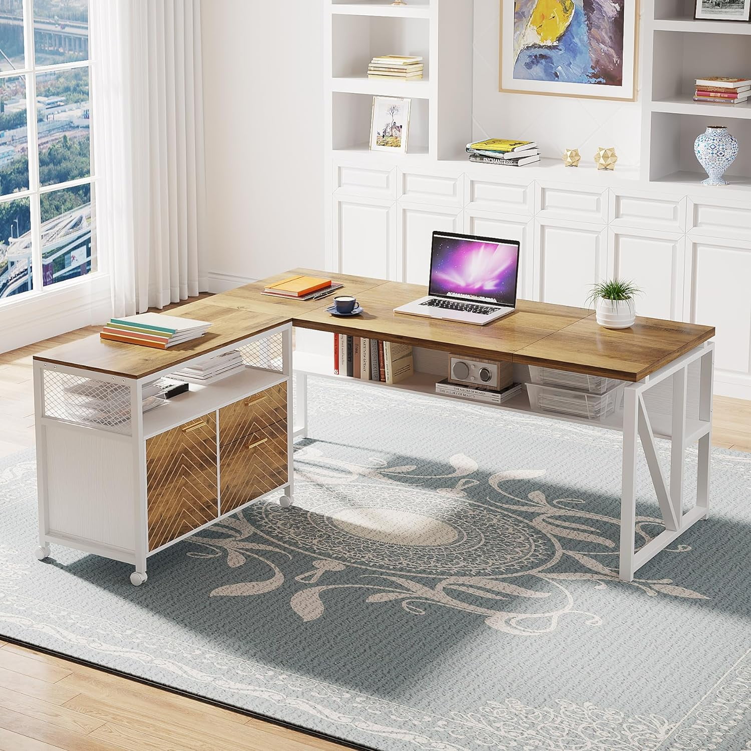 "63"" LShaped Executive Desk with Drawer Computer Desk, Lateral File Lockable