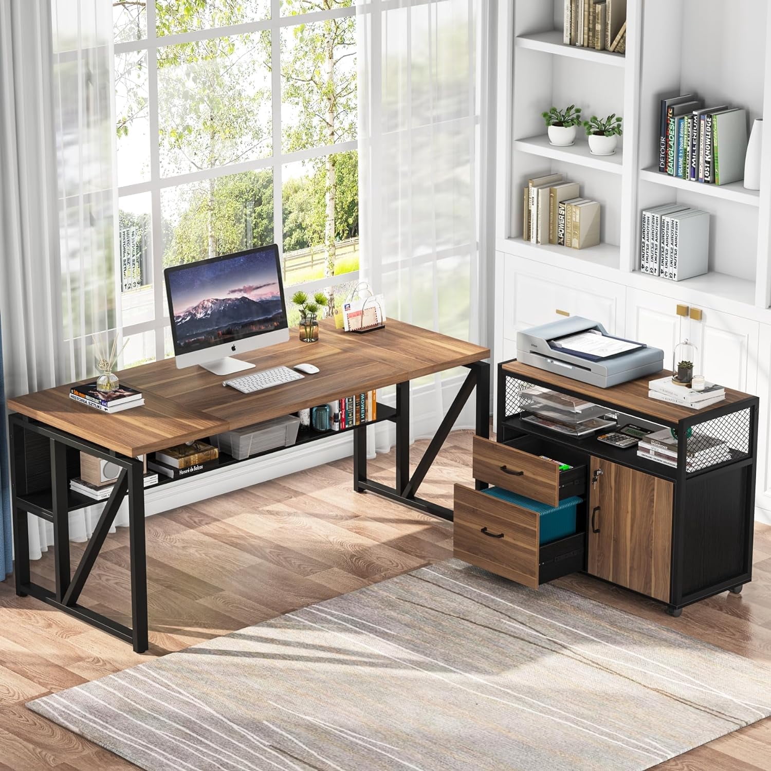 63" L Shaped Executive Desk with Drawer Cabinet, Computer Desk and Lateral File Cabinet, 2 Piece Home Office Furniture