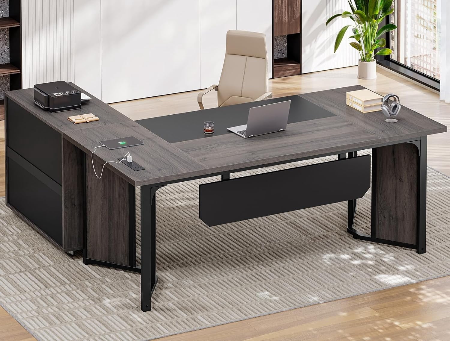 63" L Shaped Executive Desk with Mobile File Cabinet, Modern Corner Computer Desk with Power Outlets, Desk Business Workstation Set, Gray