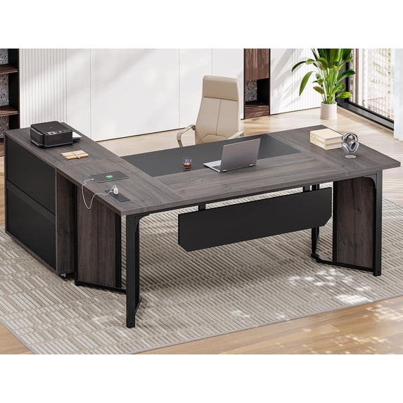 63" L Shaped Executive Desk with Mobile File Cabinet, Modern Corner Computer Desk with Power Outlets, Desk Business Workstation Set, Gray