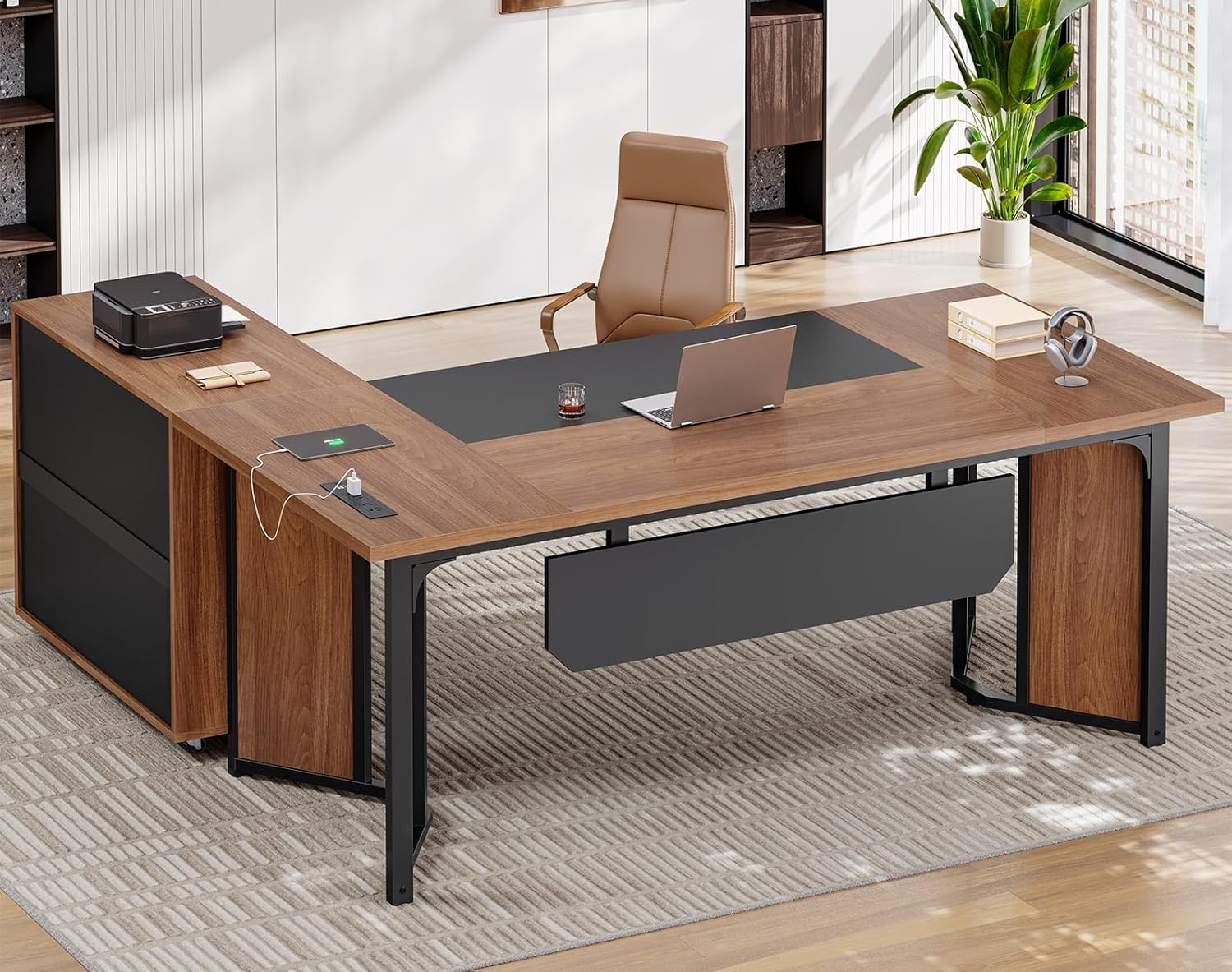 63" L Shaped Executive Desk with Mobile File Cabinet, Modern Corner Computer Desk with Power Outlets, Desk Business Workstation Set, Walnut