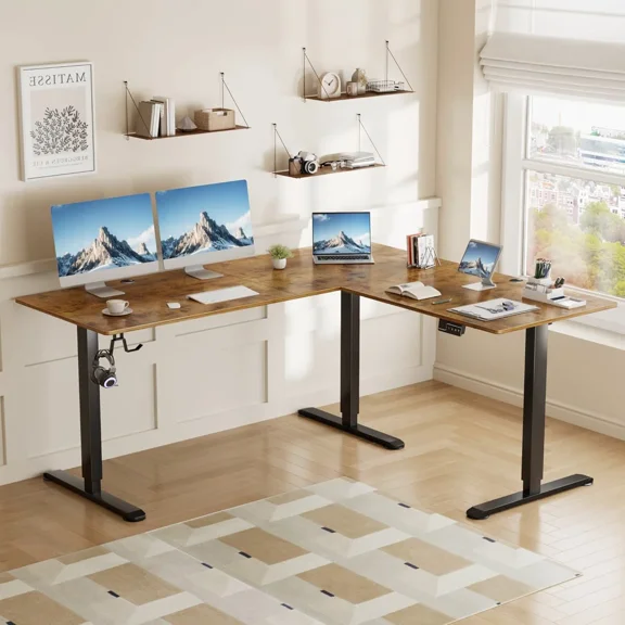 63'' L-Shaped Height Adjustable Standing Desk Electric Corner Table With Free Large Mouse Pad For Home Office Gaming