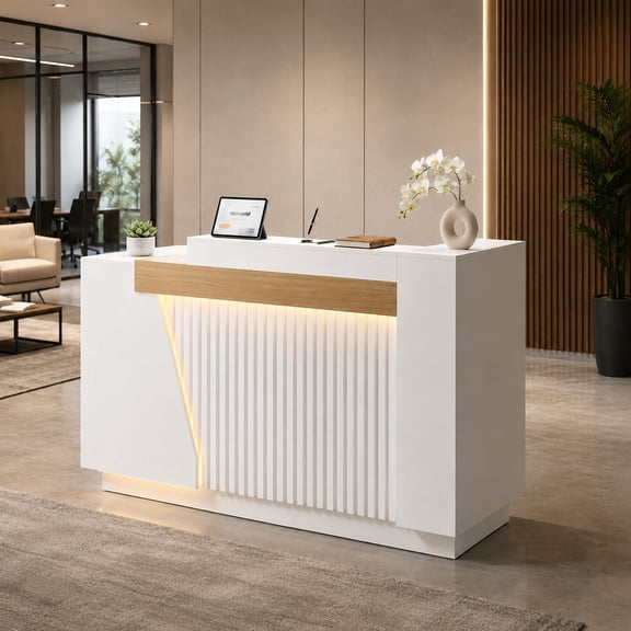 63" White Modern Reception Desk with Right Counter, Built-in Power Outlets, Lockable Drawers & LED Lights for Office, Salon & Retail