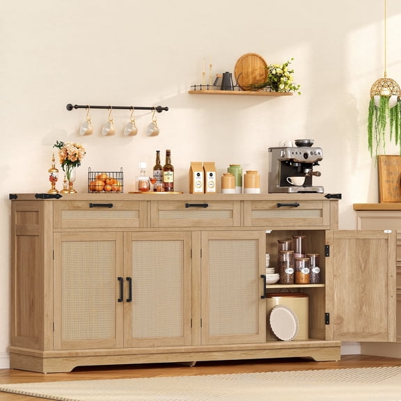 63" Large Buffet Cabinet with 4 Doors and 3 Drawers, Farmhouse Buffet Sideboard Cabinet with Storage, Coffee Bar Wine Bar for Dining Room, Living Room, Natural