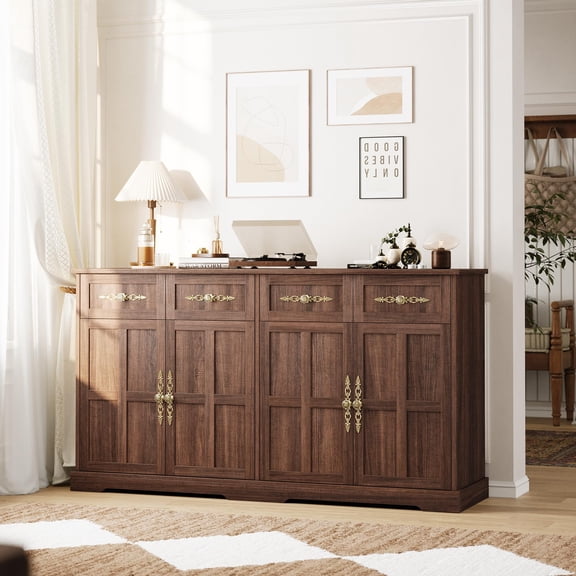 63" Large Buffet Sideboard with Storage, 36" Tall Kitchen Buffet Cabinet with 4 Drawers, Modern Coffee Bar Cabinet with Gold Handles, Long Sideboard Buffet Table for Kitchen-Brown