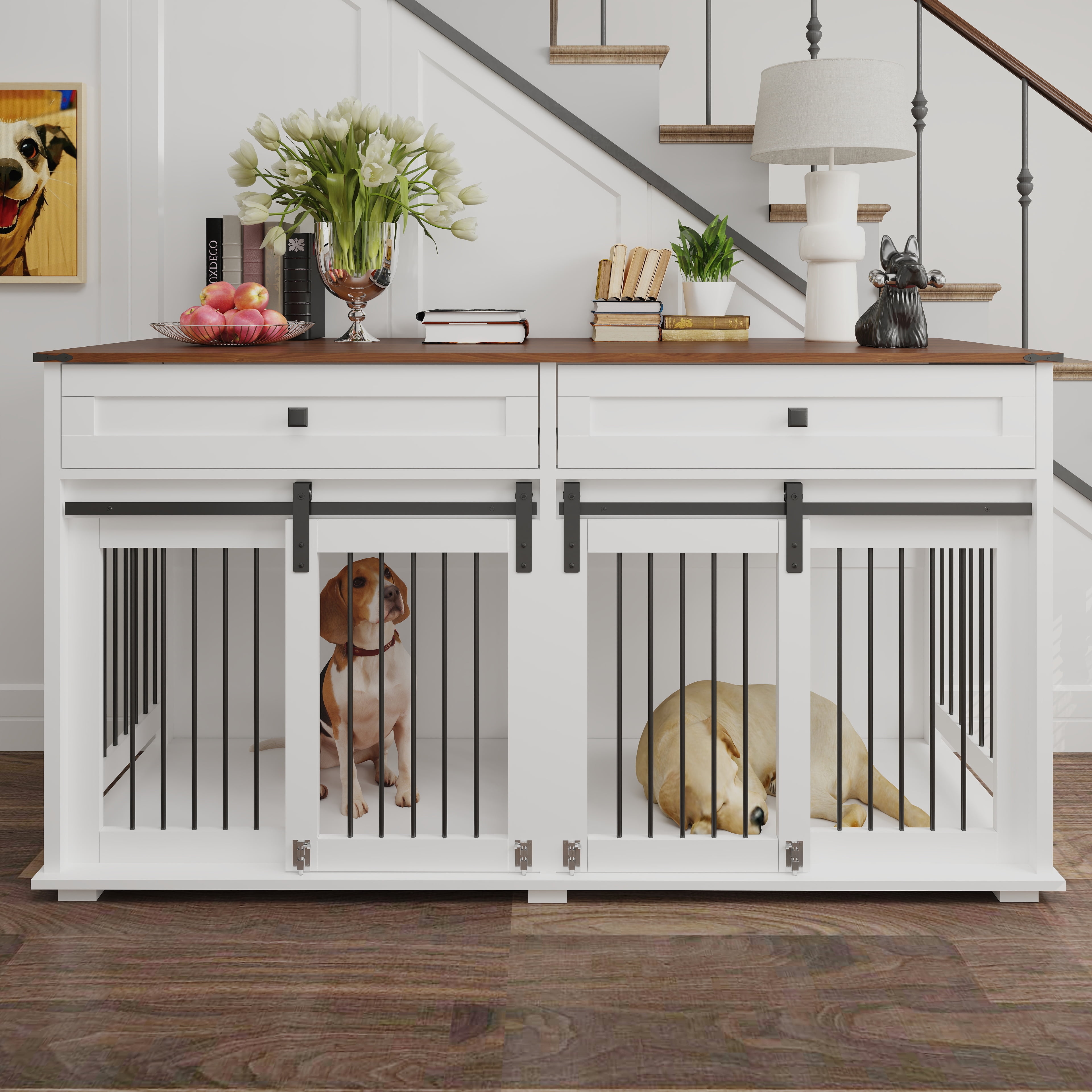 63'' Large Double Dog Crate Furniture with Drawers, Divider & Sliding Doors, Indoor Pet Kennel