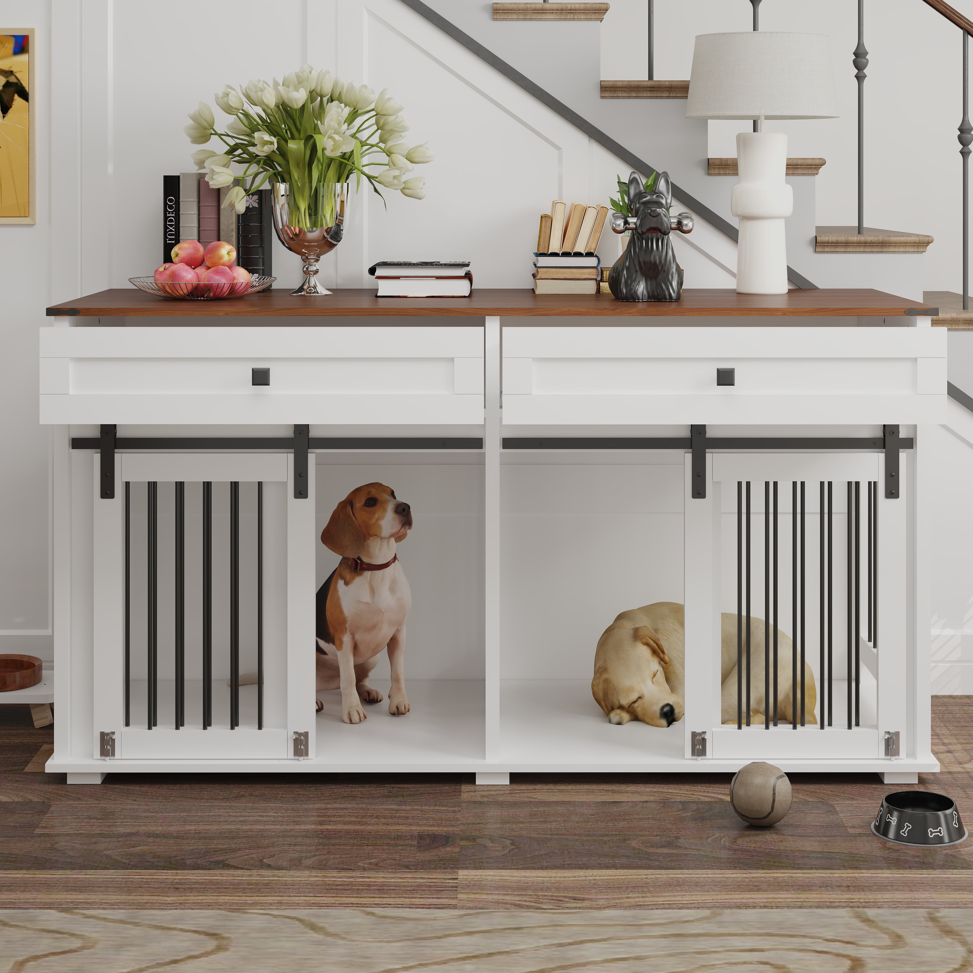 63" Large Dog Crate Furniture for Double Dog, Wooden Dog Kennel with 2 Drawers, Divider and Sliding Door, Water Resistant Indoor Pets Furniture Style Double Dog Crates