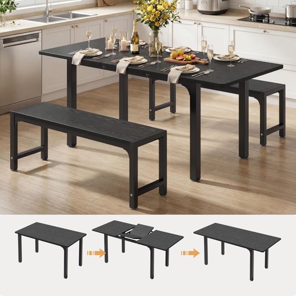 63“ Large Extendable Dining Table Set for 4-6 with 180° Smart-Flip Pivot, Kitchen Table Set with Bench, Dining Room Table with Metal Frame & MDF Board, Perfect for Small Space, Black