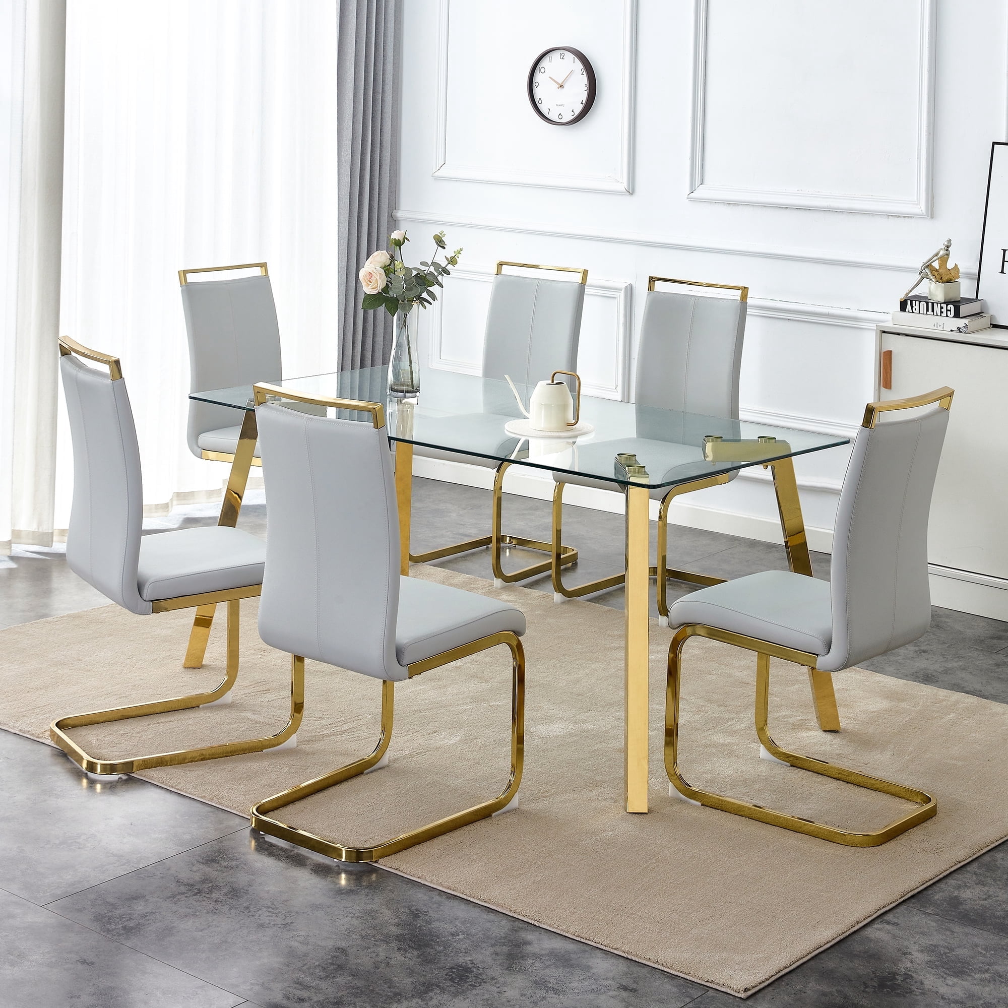 63" Large Glass Dining Table Set for 6, Sudica Gold Legs Kitchen Table with Faux Leather Dining ...