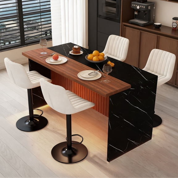 63" Large Imitation Marble Dining Table with 4 Beige Bar Stools, Modern Rectangle Island Table with LED Lights and Grill Design, Home Bar Table Unit for Dining Room, Walnut