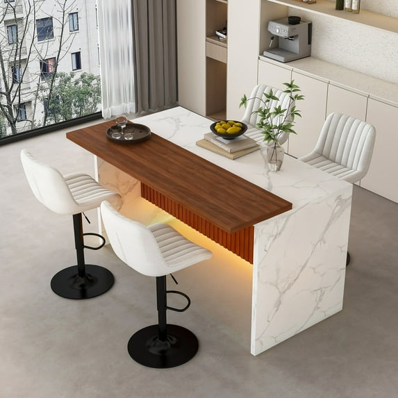 63" Large Imitation Marble Dining Table with 4 Beige Bar Stools, Modern Rectangle Island Table with LED Lights and Grill Design, Home Bar Table Unit for Dining Room, White