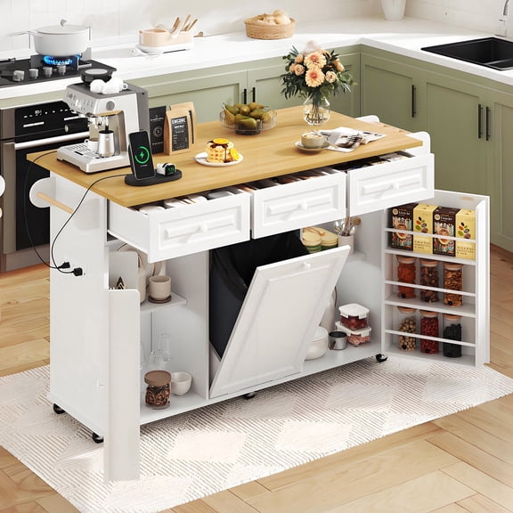 63" Drop-Leaf Kitchen Island Cart with & Sliding Top, Rolling Island Table with Trash Can Storage & Power Outlet, 100lbs Load Capacity