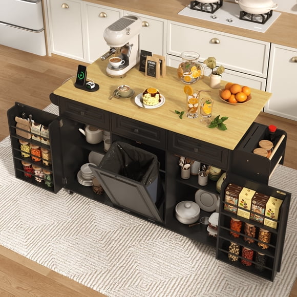 63" Rolling Kitchen Island Cart with Drop-Leaf & Sliding Top on Wheels, Heavy Duty Island Table with Trash Can Cabinet & Power Outlet, 100lbs Load Capacity