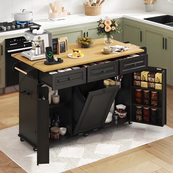 63" Rolling Kitchen Island Cart with Drop-Leaf & Sliding Top on Wheels, Heavy Duty Island Table with Trash Can Cabinet & Power Outlet, 100lbs Load Capacity
