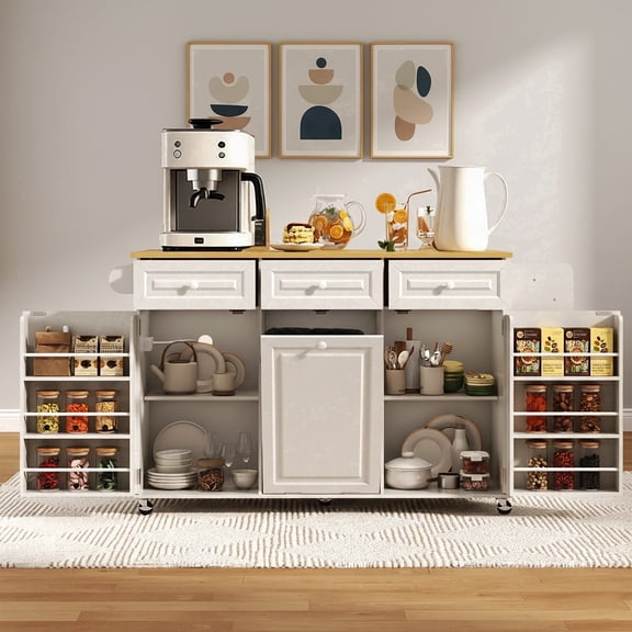 Blotout 63" Drop-Leaf Kitchen Island Cart with Sliding Top & Trash Can Storage, Rolling Island Table with Power Outlet, 100lbs Load Capacity