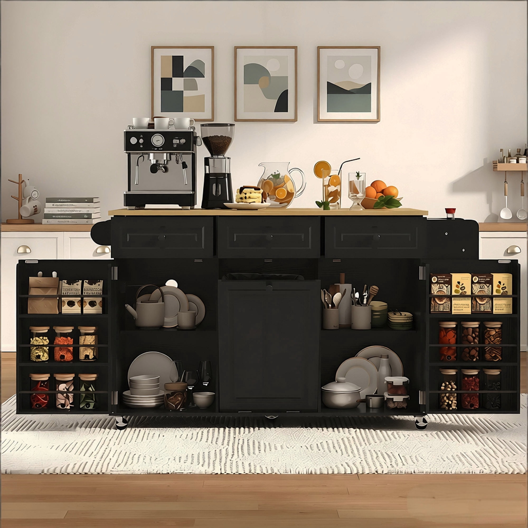 63" Drop-Leaf Kitchen Island Cart with & Sliding Top, Rolling Island Table with Trash Can Storage & Power Outlet, 100lbs Load Capacity