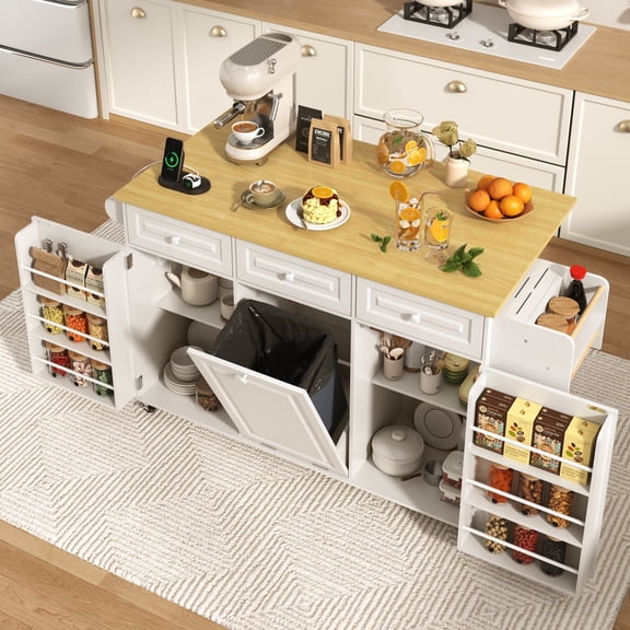 63" Large Kitchen Island with Sliding Drop Leaf Countertop, Rolling Kitchen Cart with Trash Can Storage & Power Outlet, Rubber Wood Top Island Table on Wheels with 7 Spice Racks