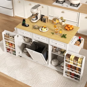 ANPOO Rolling Large Kitchen Island Cart with Sliding Drop Leaf, Trash Can Storage & Power Outlet, 7 Spice Racks, 63" White