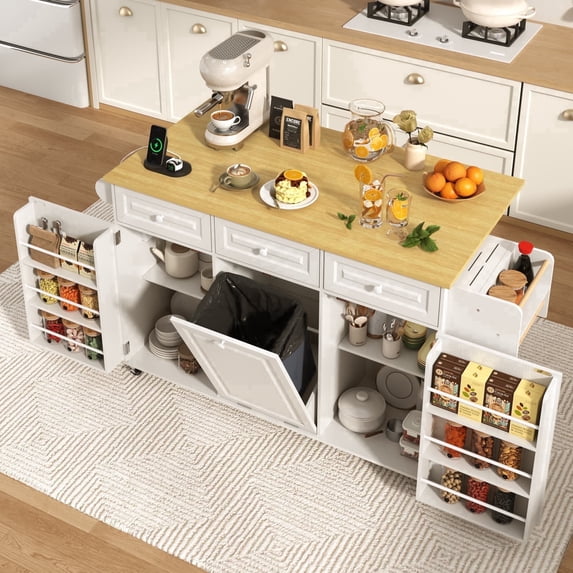 ANPOO Rolling Large Kitchen Island Cart with Sliding Drop Leaf, Trash Can Storage & Power Outlet, 7 Spice Racks, 63" White