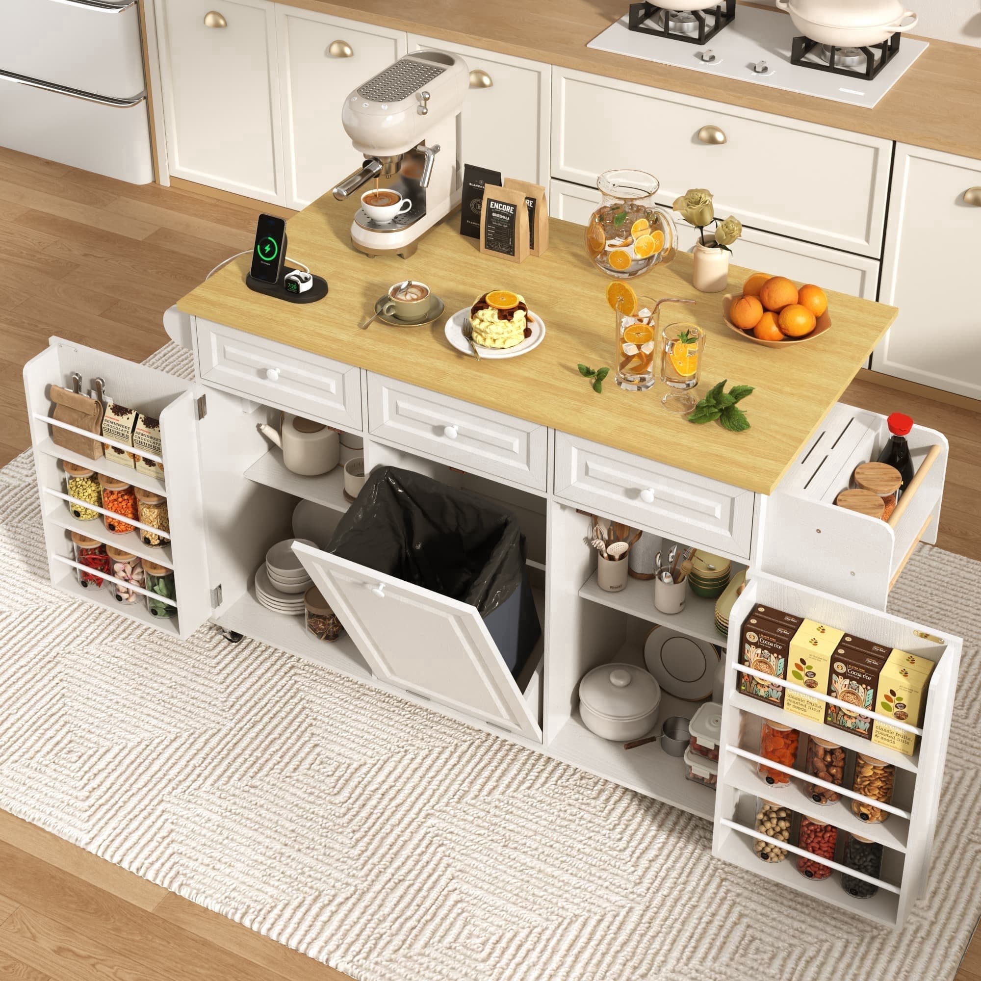 ANPOO Rolling Large Kitchen Island Cart with Sliding Drop Leaf, Trash Can Storage & Power Outlet, 7 Spice Racks, 63" White