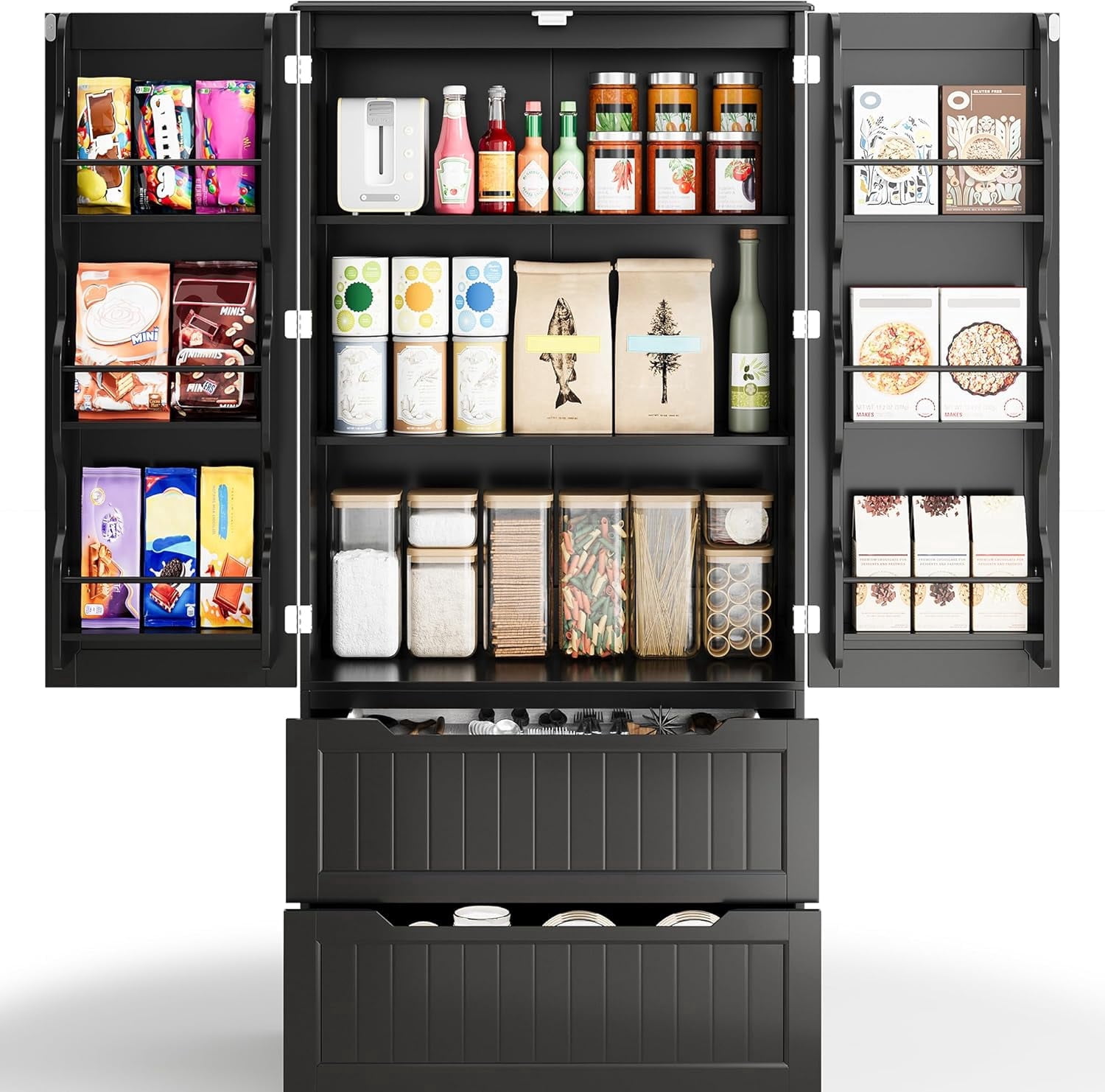 63'' Large Kitchen Pantry Cabinet with Drawers, Noelse Pantry Storage Cabinets with 2 Doors and 3 Shelves for Kitchen Dining Room and Living Room, Black