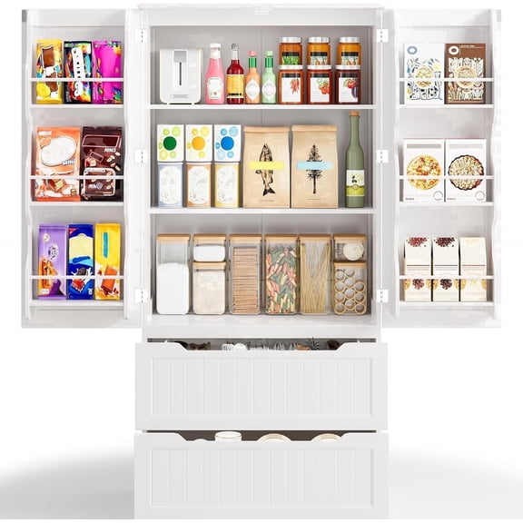 63" Tall Kitchen Pantry Cabinet with Drawers for Dining Room, Noelse Food Pantry Storage Cabinet with 6 Doors Shelves for Snack and Spice, Large Craft Storage Cabinet for Craft Room, White, Painted
