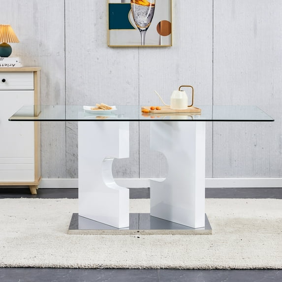 63" Large Rectangular Glass Dining Table for 6-8 with 0.39" Tempered Glass Tabletop and MDF Slab Special-Shaped Bracket, Modern Kitchen Table for Dining Living Meeting Room Banquet Hall, White