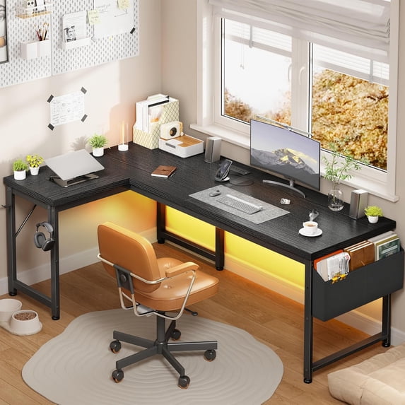 63" Larger L Shaped Desk for 2 monitors or 2 laptops, Reversible Computer Desk with Power Outlets and USB-C Port, Gaming Desk with LED, 0.95" Thicker Office Corner desk for Study, Work Black