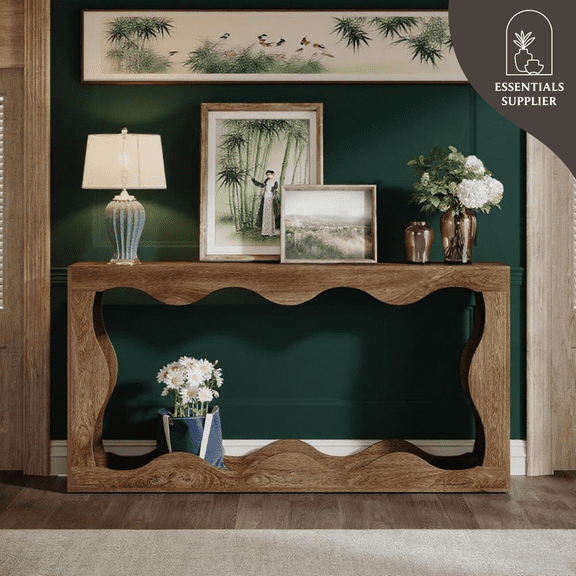 63" Light Brown Farmhouse Wavy Console Table  2-Tier Entryway & Sofa Table