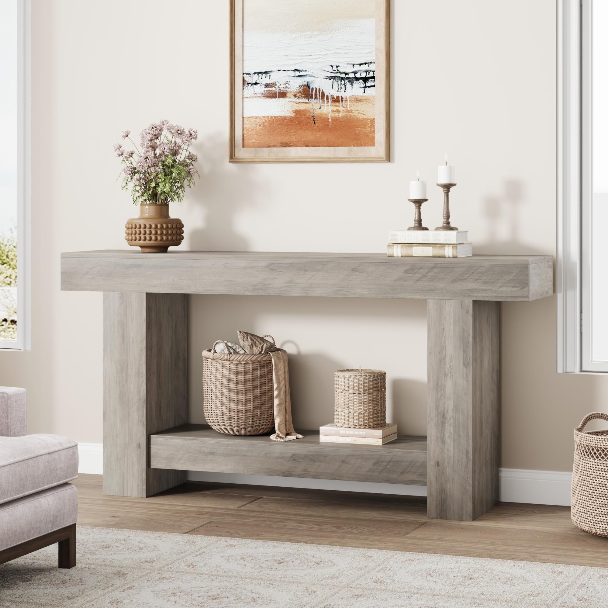 63'' Long Console Table, 2-Tier Narrow Entryway Table Sofa Table with Storage, Farmhouse Wood Behind Couch Table for Living Room, Hallway, Gray